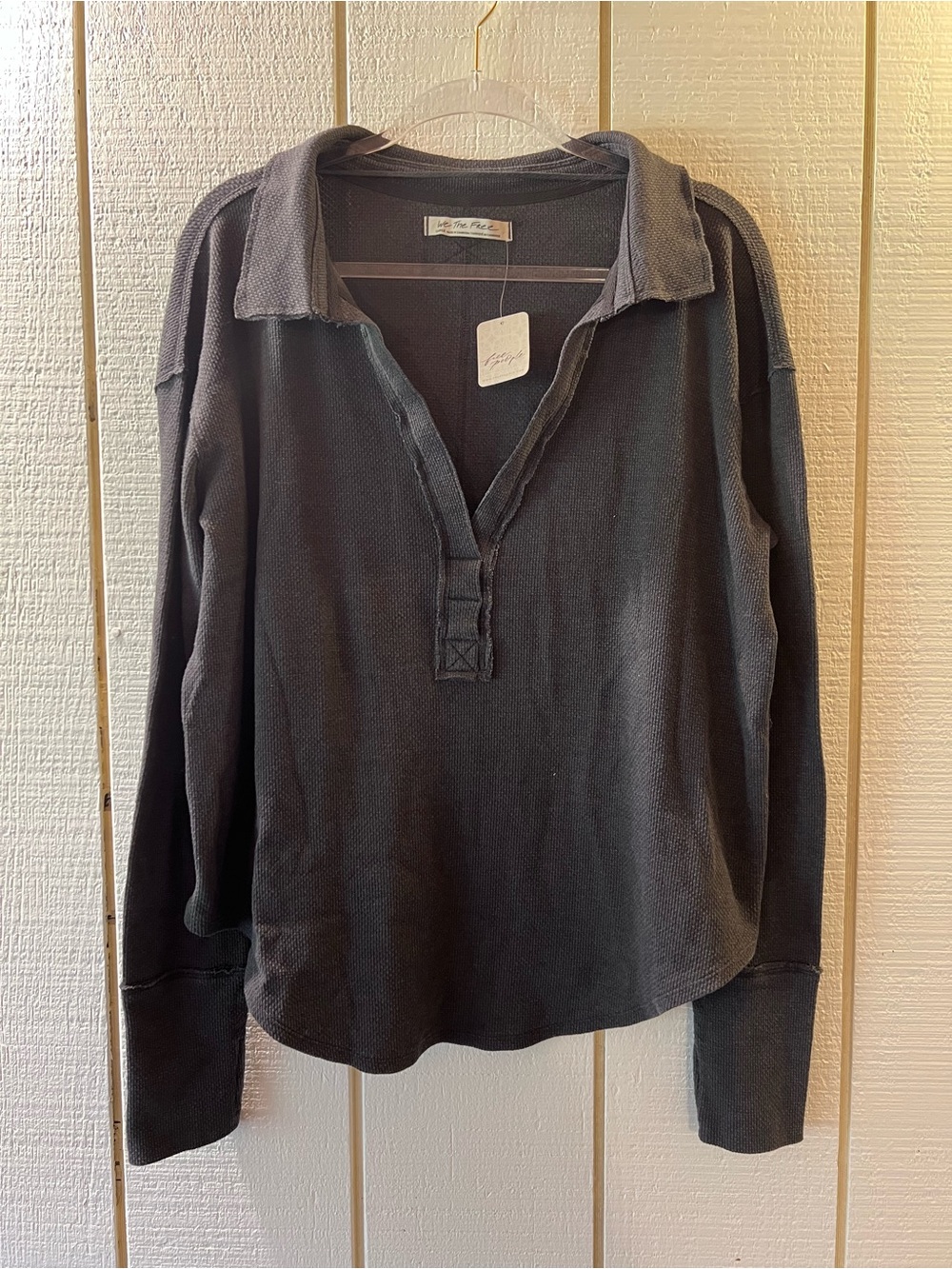 We The Free Charcoal Collared Waffle Henley